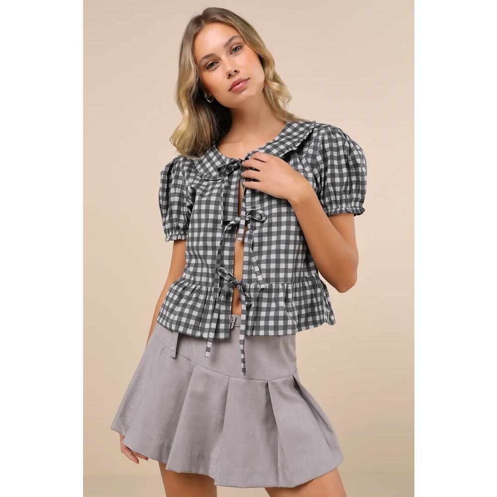 Motel Rocks Talora Top Gingham Puff Sleeve Tie Front Blouse NWT Size S